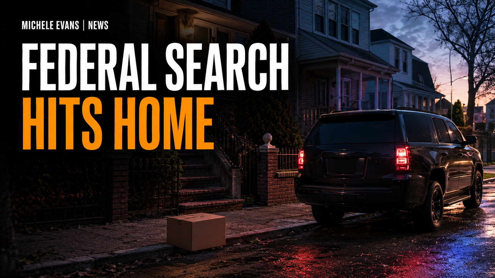 Michele Evans News headline graphic about the federal search involving former NYC Sheriff Anthony Miranda.