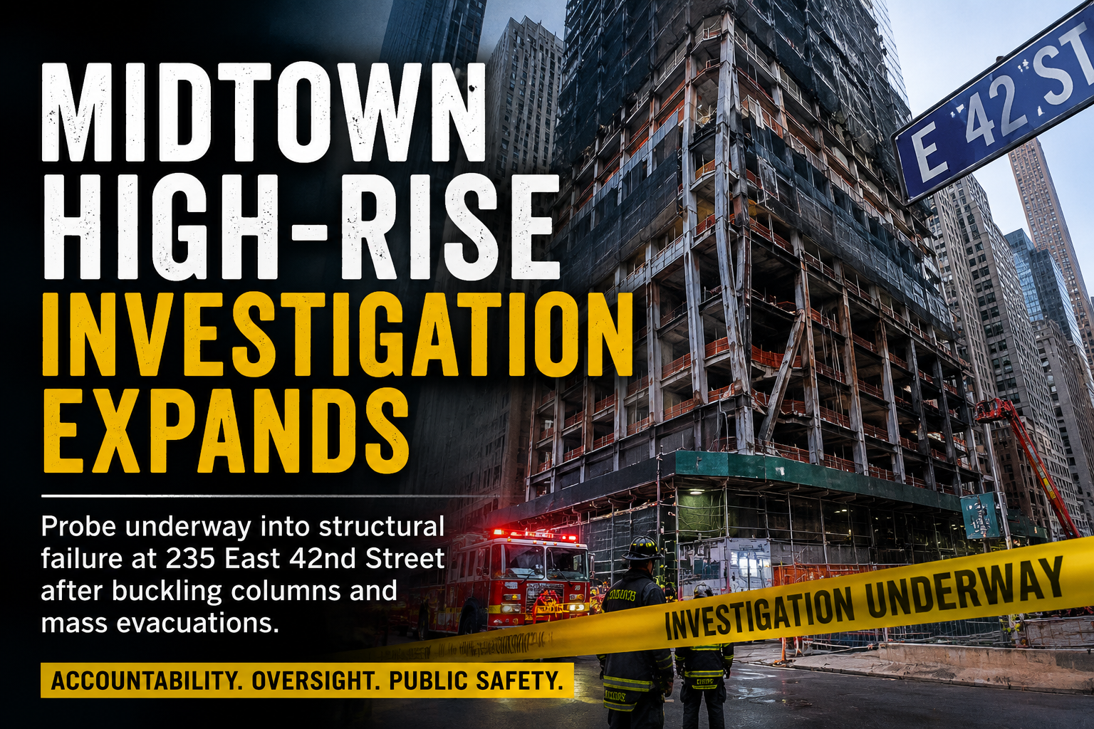News graphic reading Midtown High-Rise Investigation Expands over a Midtown Manhattan construction emergency scene.