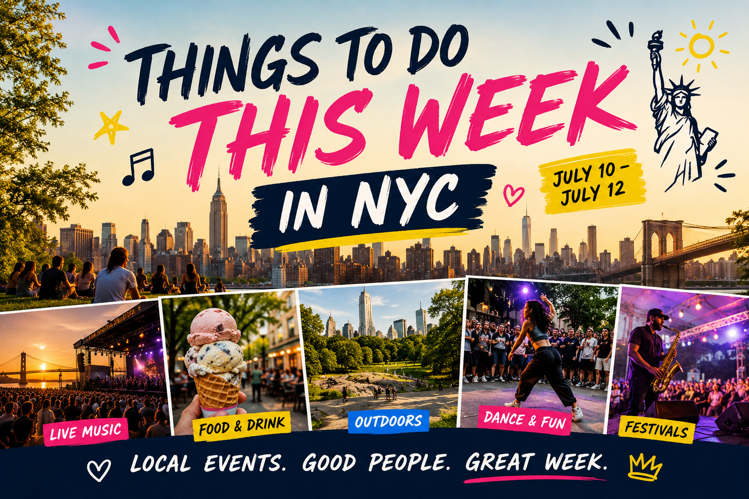 Things to do this week in NYC headline image with skyline and local event scenes