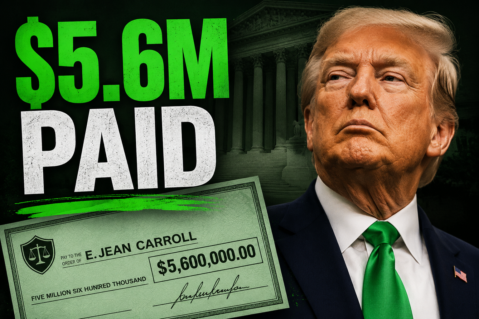 Headline graphic for Trump paying $5.6 million to E. Jean Carroll
