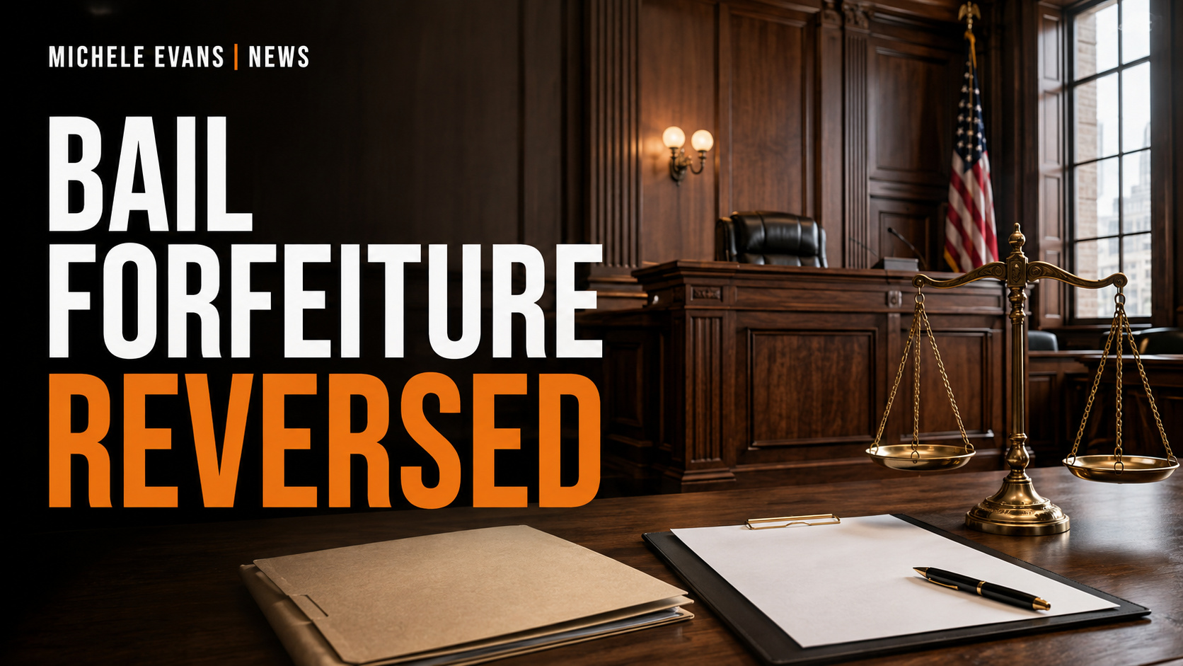Manhattan courthouse and scales of justice illustration for bail forfeiture ruling