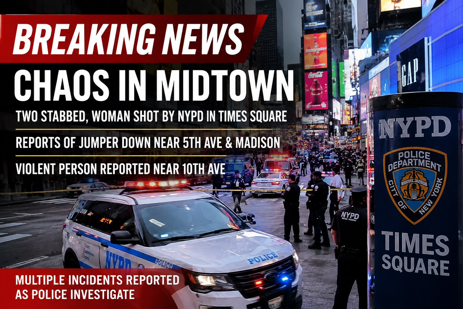 Breaking news graphic for Times Square stabbing, NYPD shooting, and additional Midtown incident reports