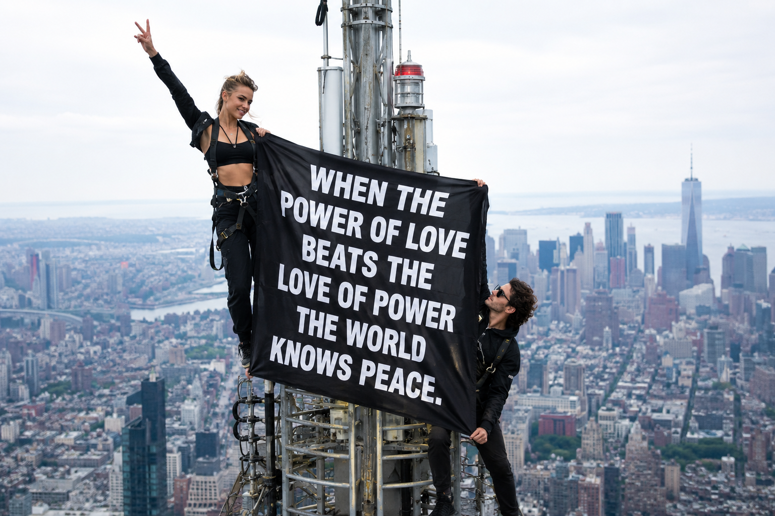 Angela Nikolau and Ivan Kuznetsov atop the Empire State Building with their peace banner