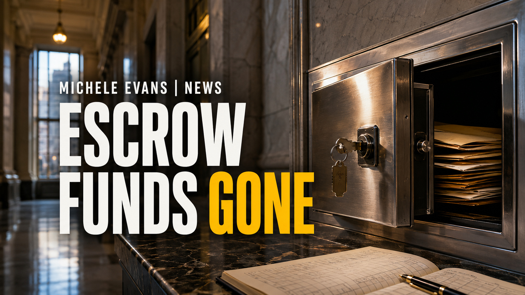 Headline graphic reading Escrow Funds Gone beside an open escrow safe in a courthouse corridor