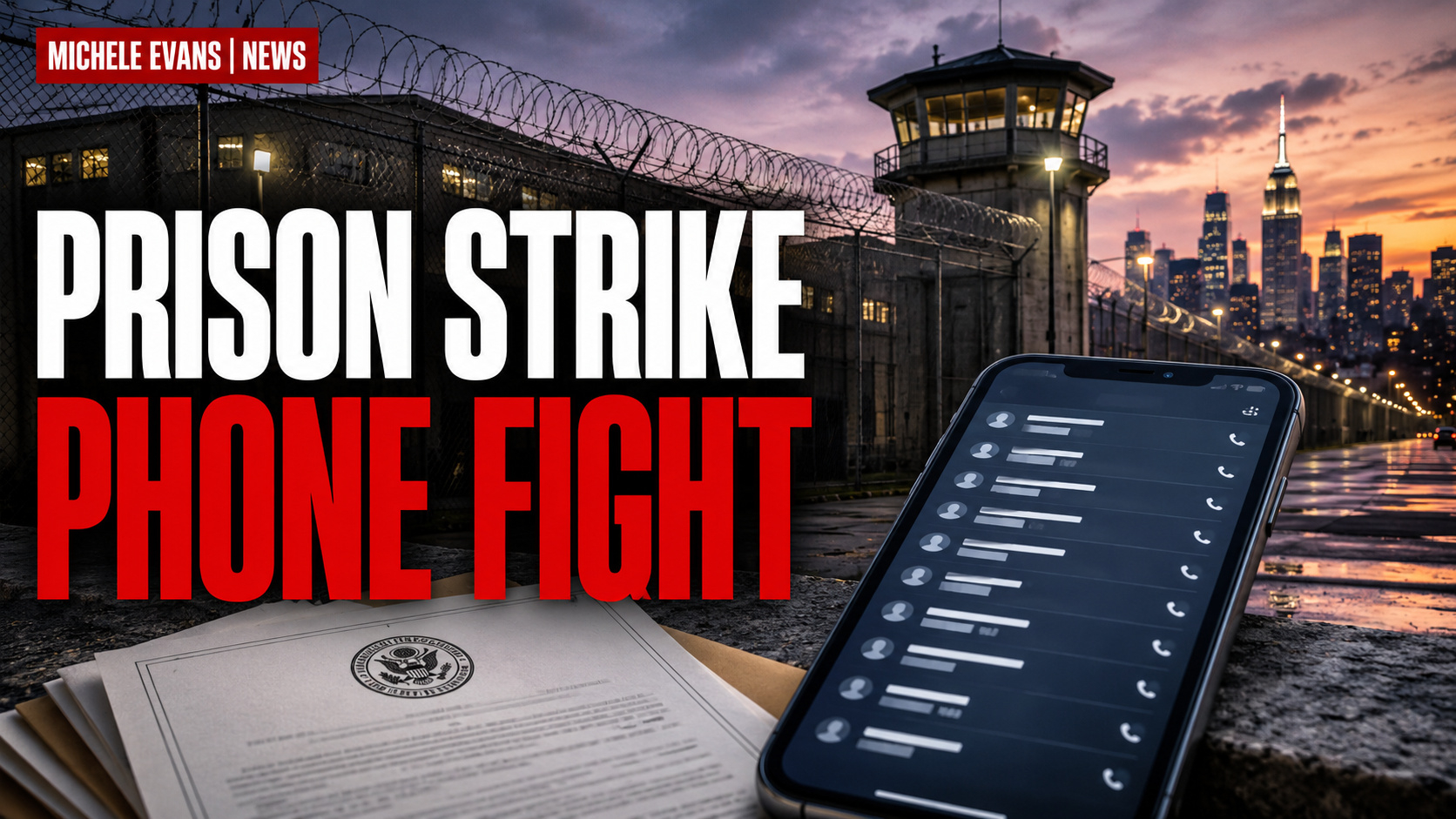 Headline image showing a prison and phone records with the words Prison Strike Phone Fight