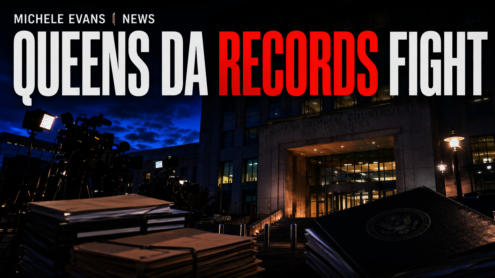 Queens courthouse with headline Queens DA Records Fight