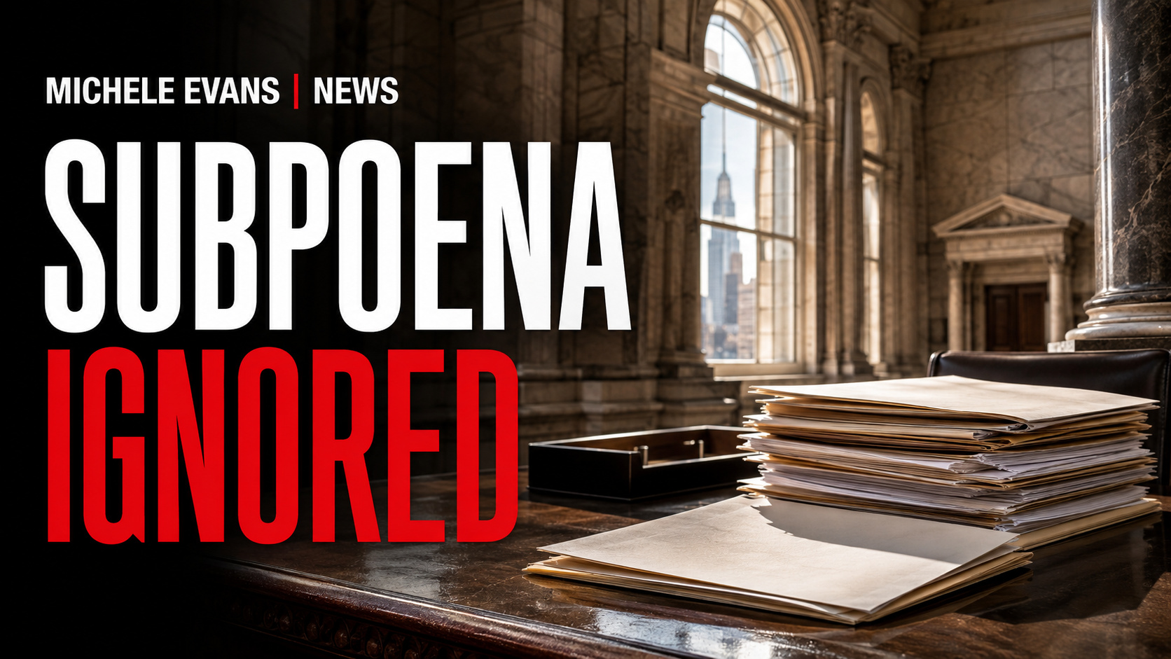 Headline graphic reading Subpoena Ignored beside legal files in a New York courthouse