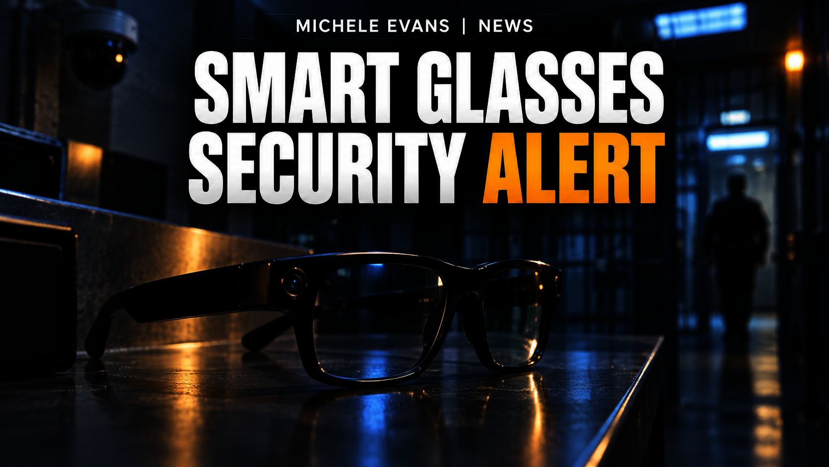 Smart glasses on a police intake counter beneath the headline Smart Glasses Security Alert