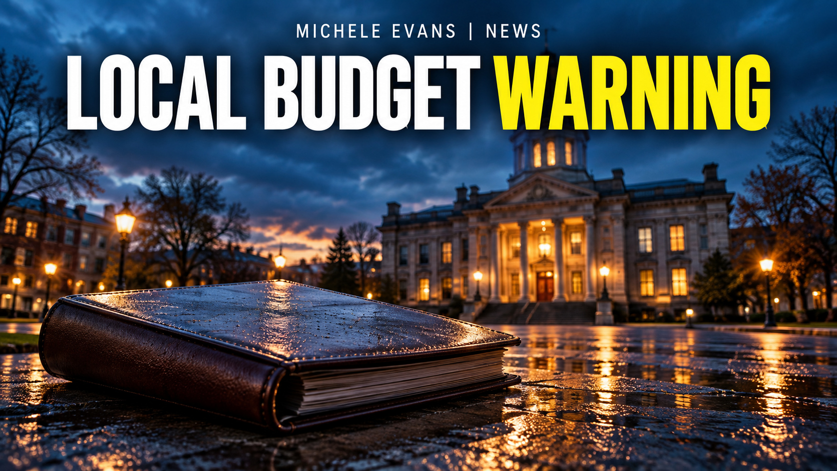 New York municipal hall at dusk beneath the headline Local Budget Warning