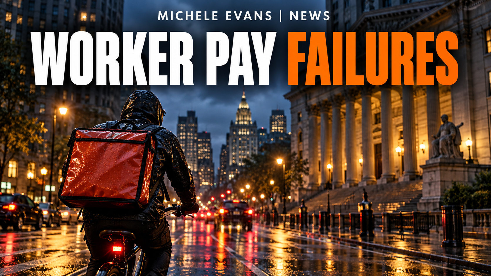 Delivery worker riding through rainy Lower Manhattan beneath the headline Worker Pay Failures