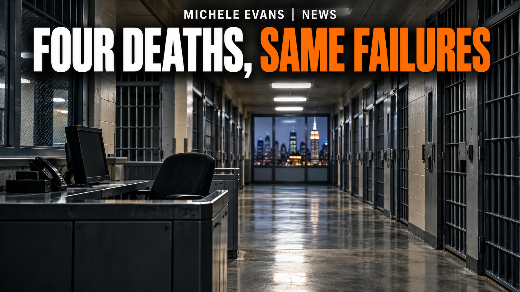 Empty New York City jail corridor with headline Four Deaths, Same Failures