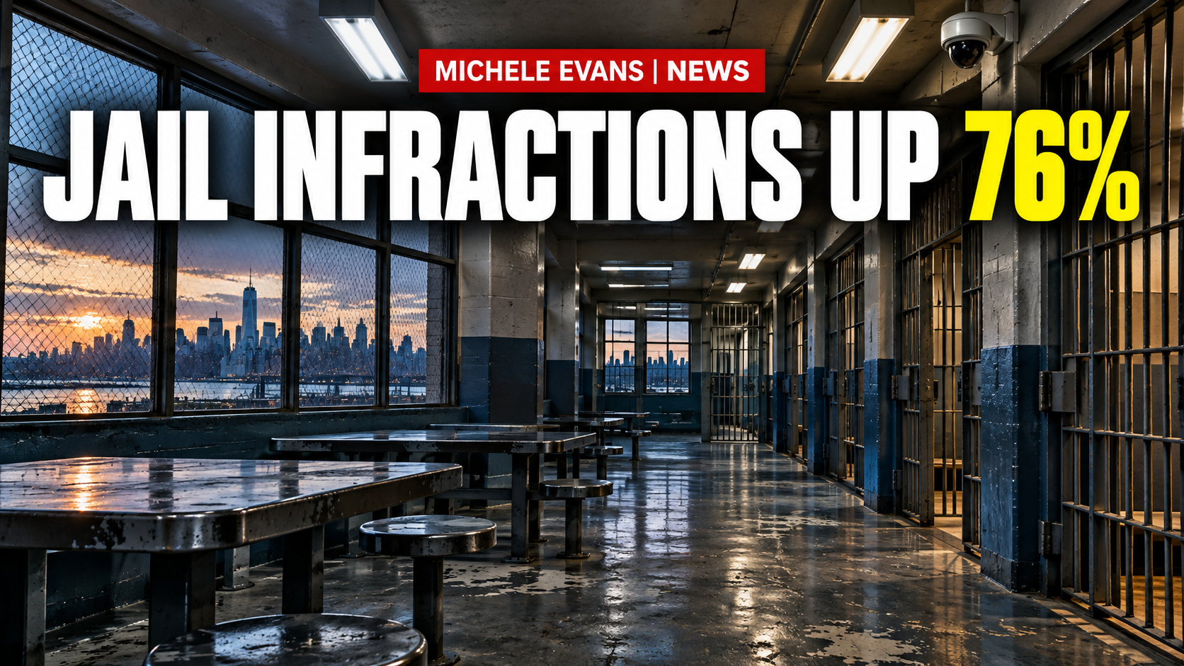 Empty New York City jail dayroom with headline Jail Infractions Up 76 percent
