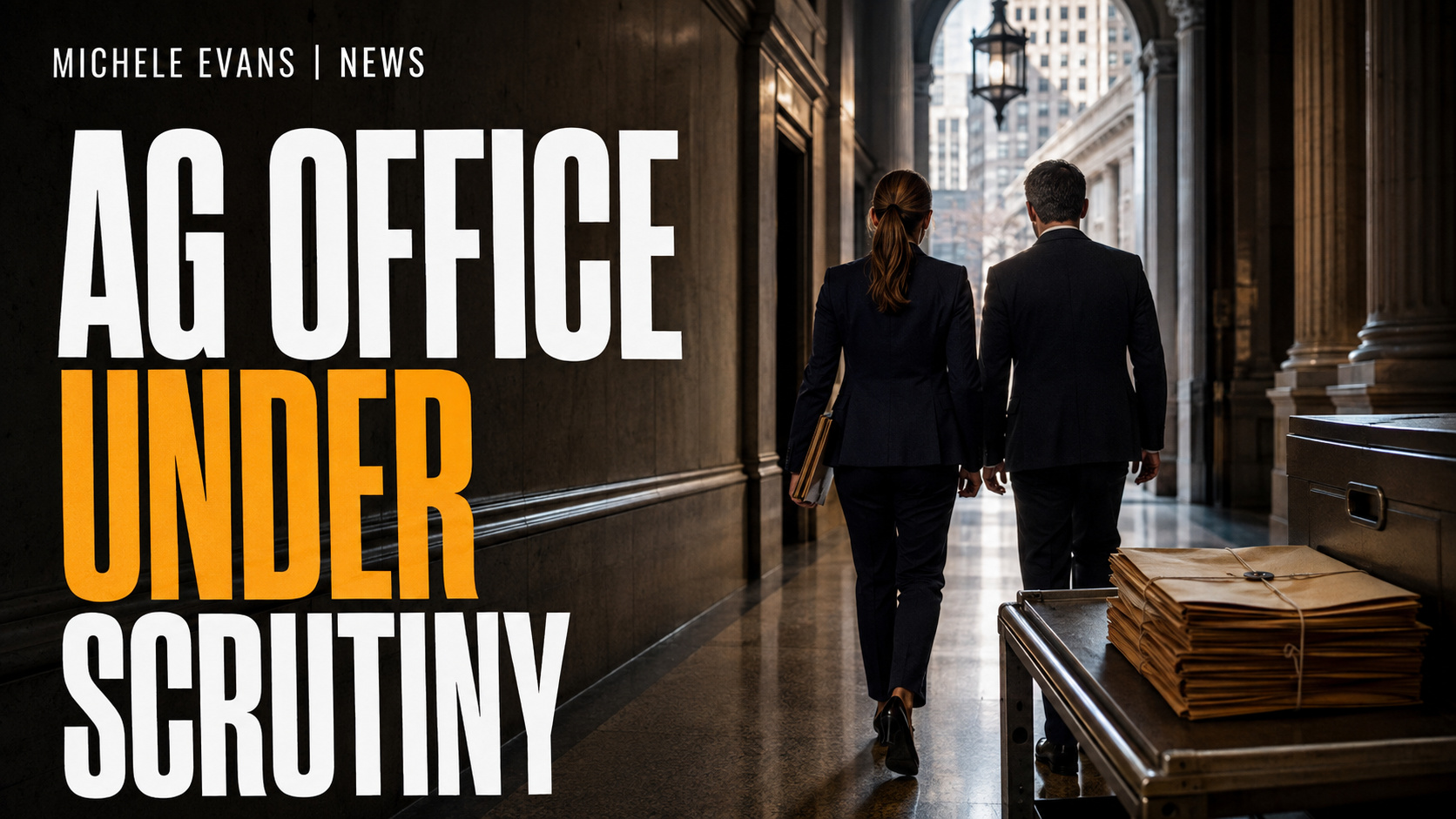 Michele Evans News headline graphic reading AG Office Under Scrutiny