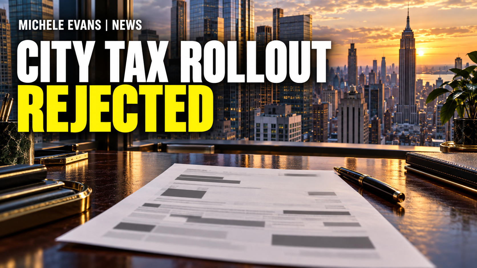 Michele Evans News headline image reading City Tax Rollout Rejected over a New York City tax and courthouse scene