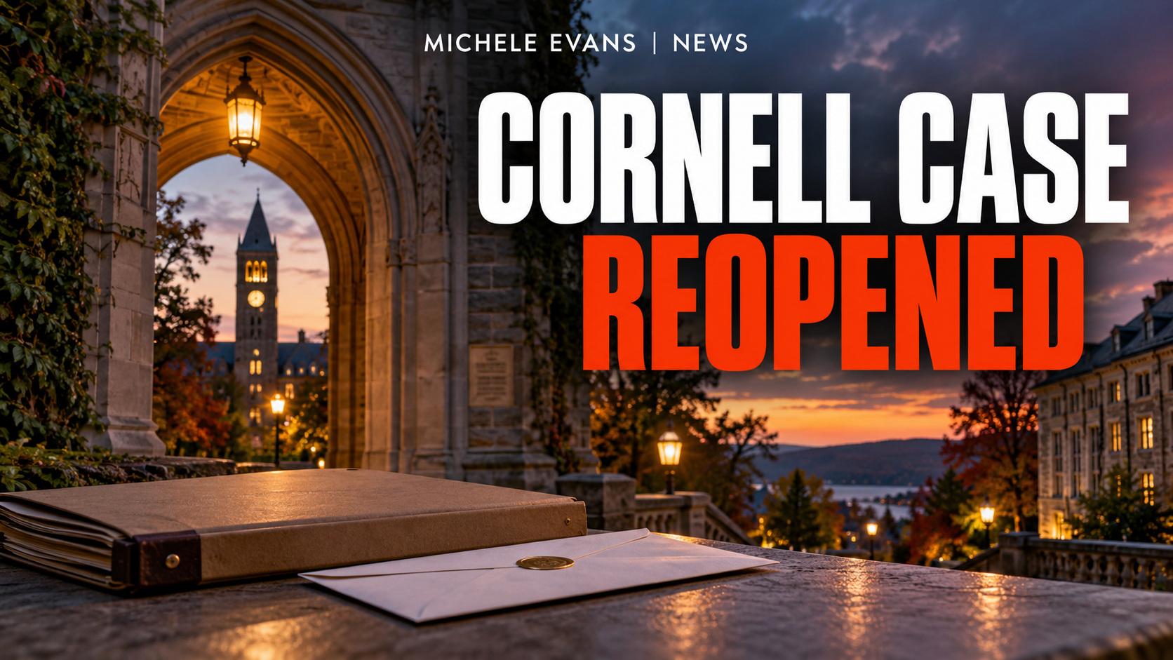 Michele Evans News headline image showing Cornell campus and a reopened case file