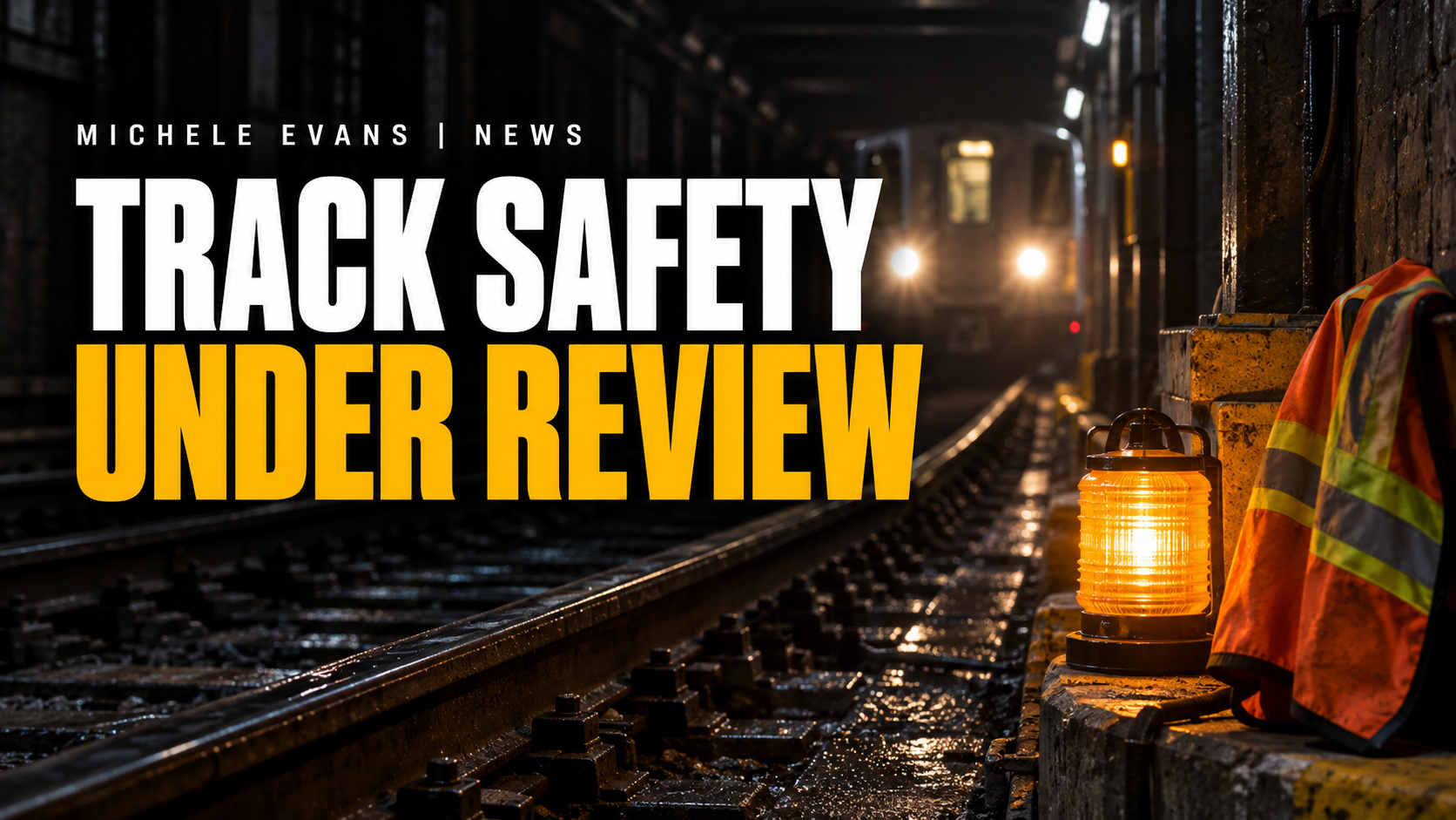 Subway track work zone with headline Track Safety Under Review