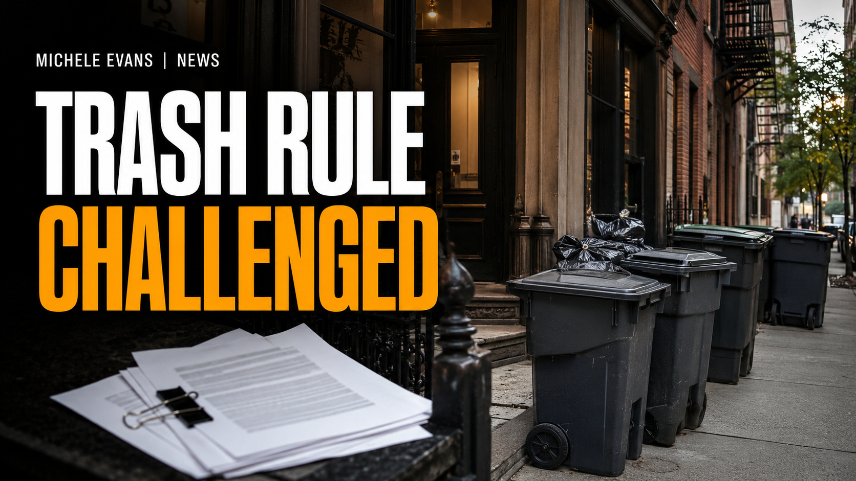 Michele Evans News headline image reading Trash Rule Challenged over a New York City residential trash container scene