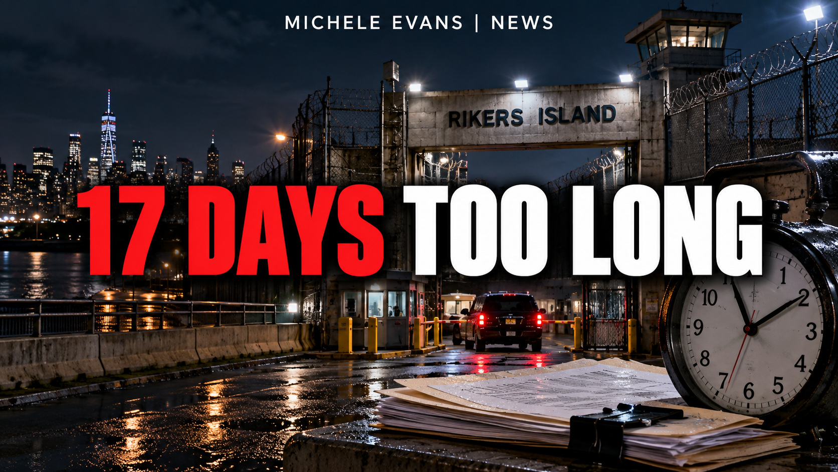 Rikers Island entrance with a clock and the headline 17 Days Too Long