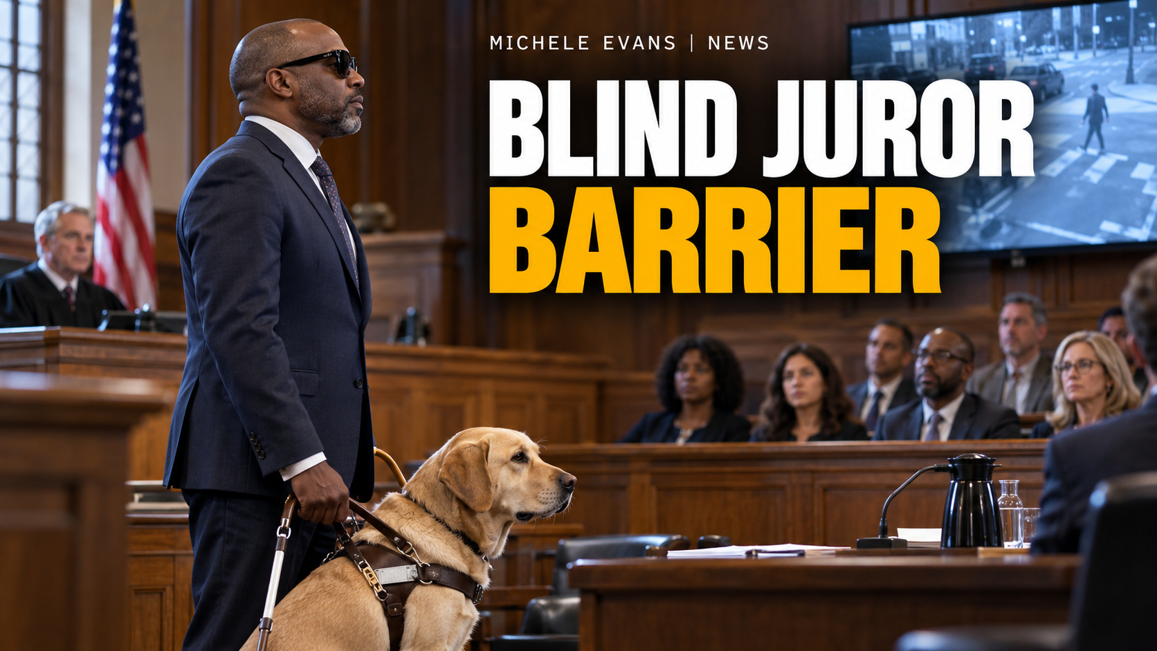 A blind grand juror with a guide dog outside a New York City courthouse, illustrating barriers to court accessibility.