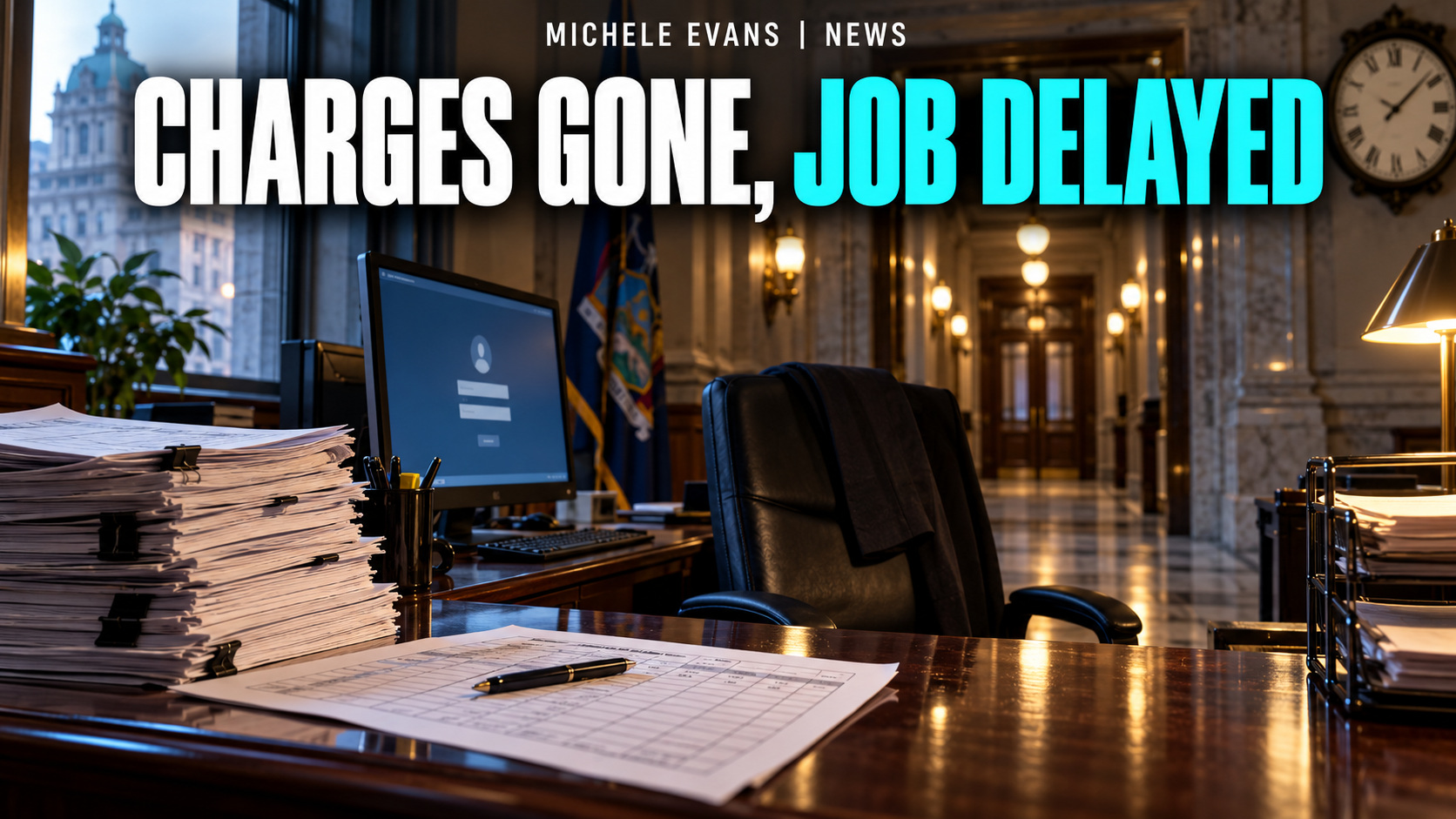 New York state workplace and courthouse scene with headline Charges Gone, Job Delayed