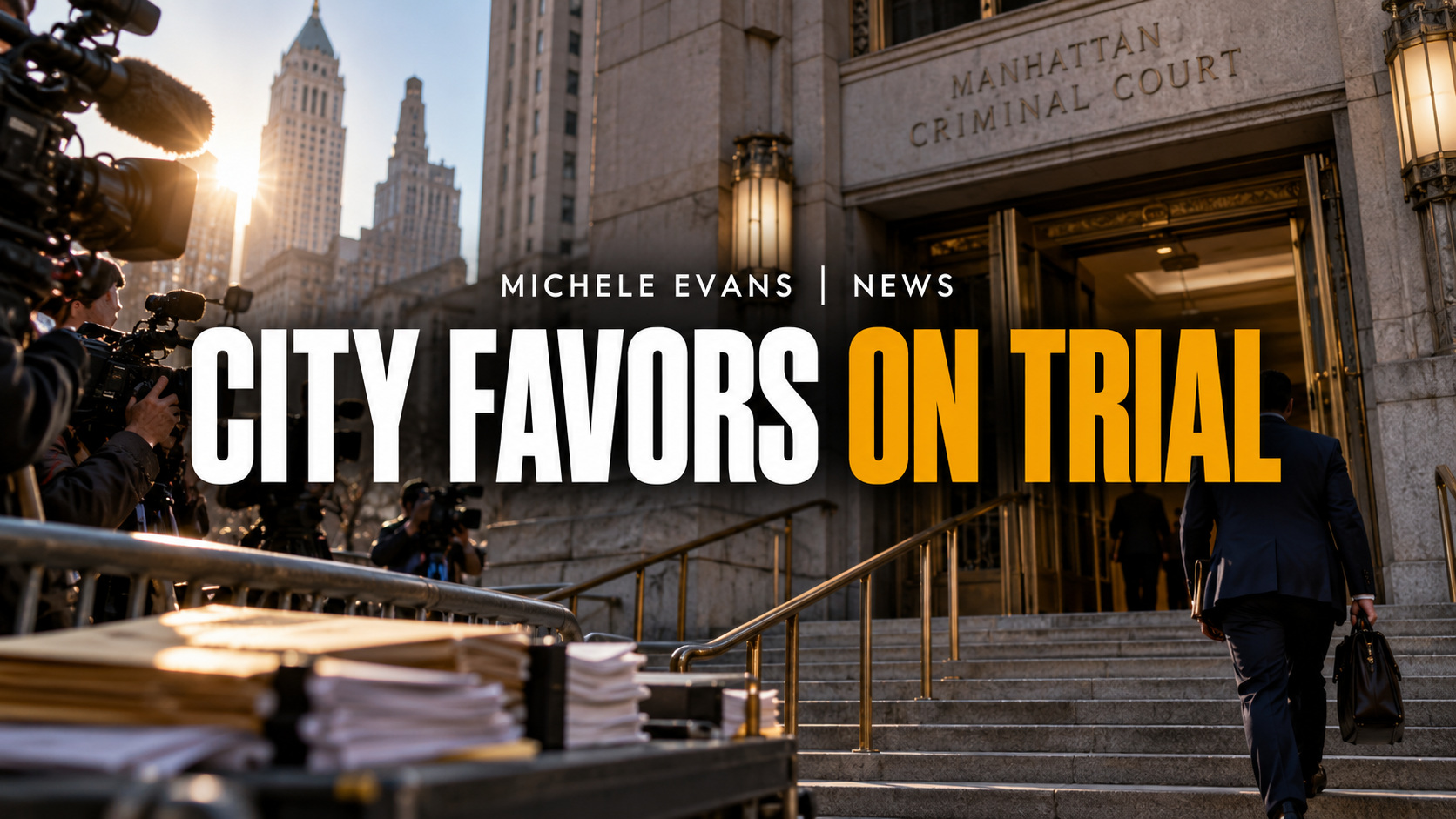 Manhattan court entrance with the headline City Favors on Trial