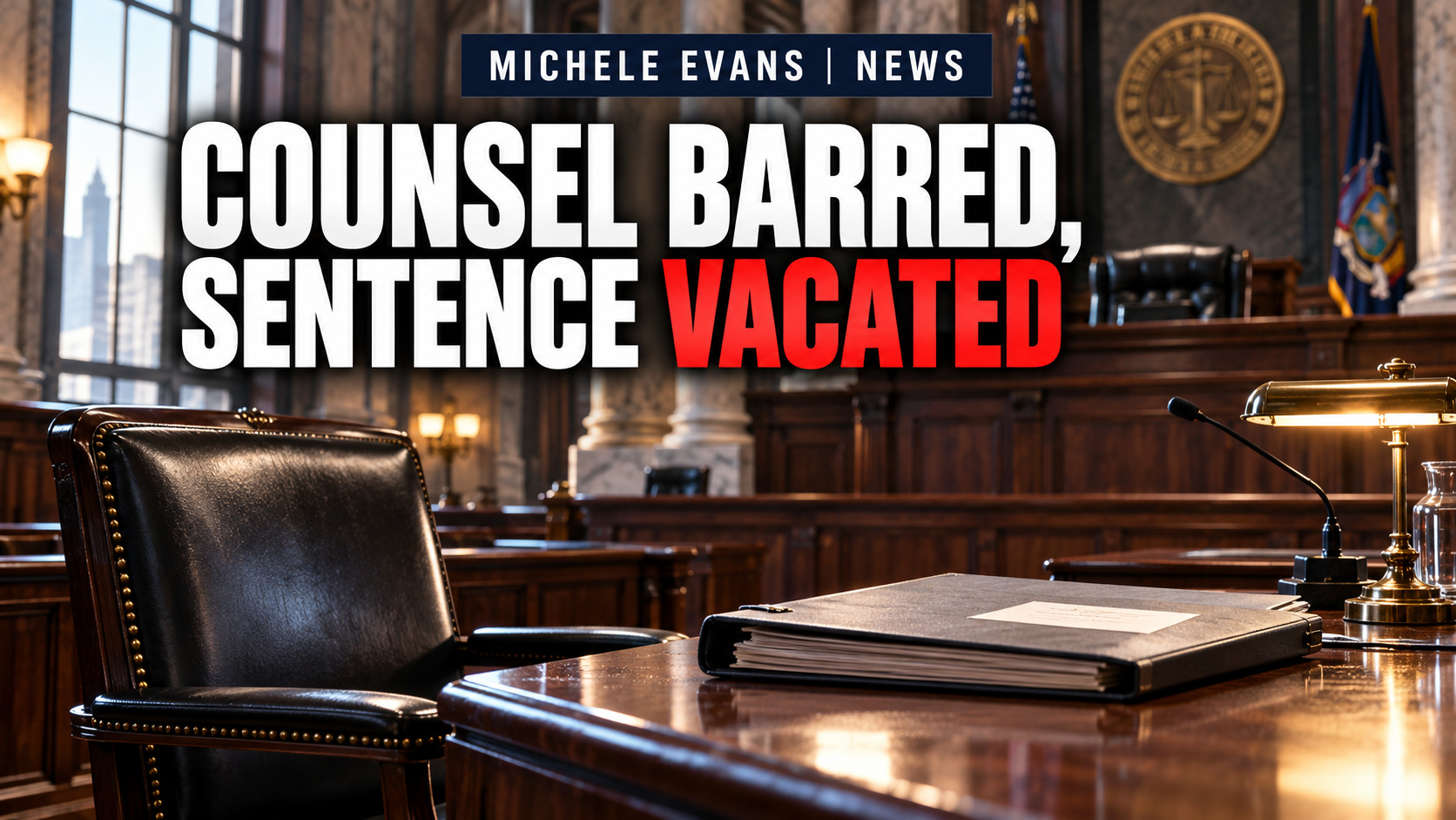 Manhattan courtroom with headline Counsel Barred, Sentence Vacated