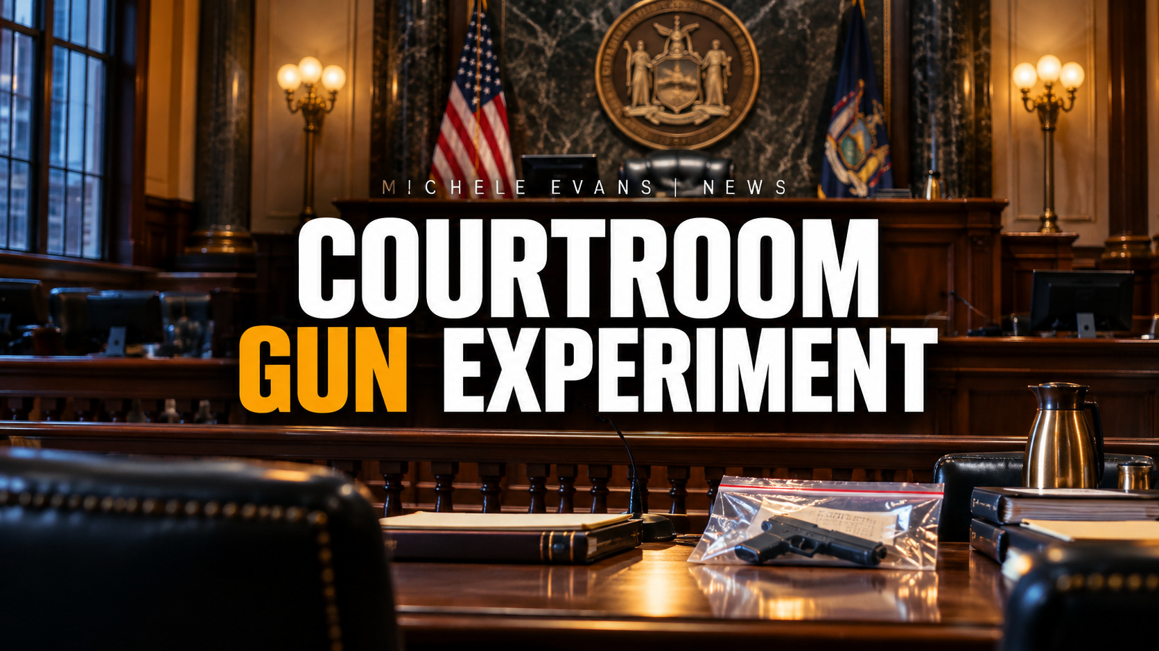 Manhattan courtroom with headline Courtroom Gun Experiment