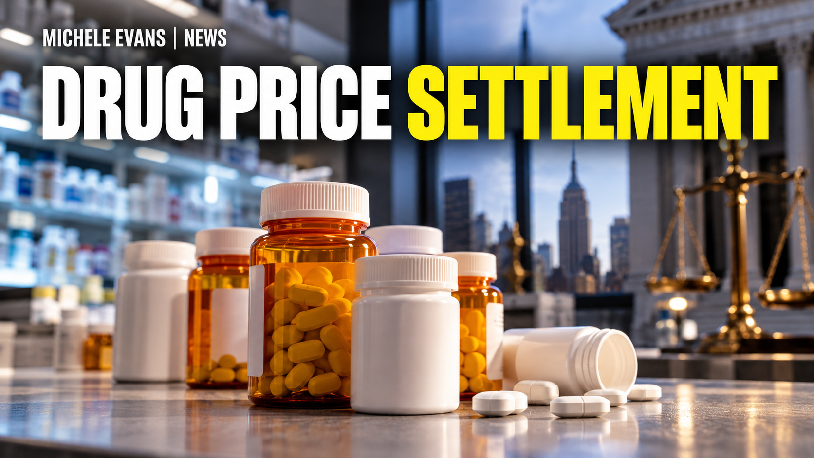 Prescription medicine bottles and generic pills illustrating New York's $400 million generic-drug price-fixing settlement.