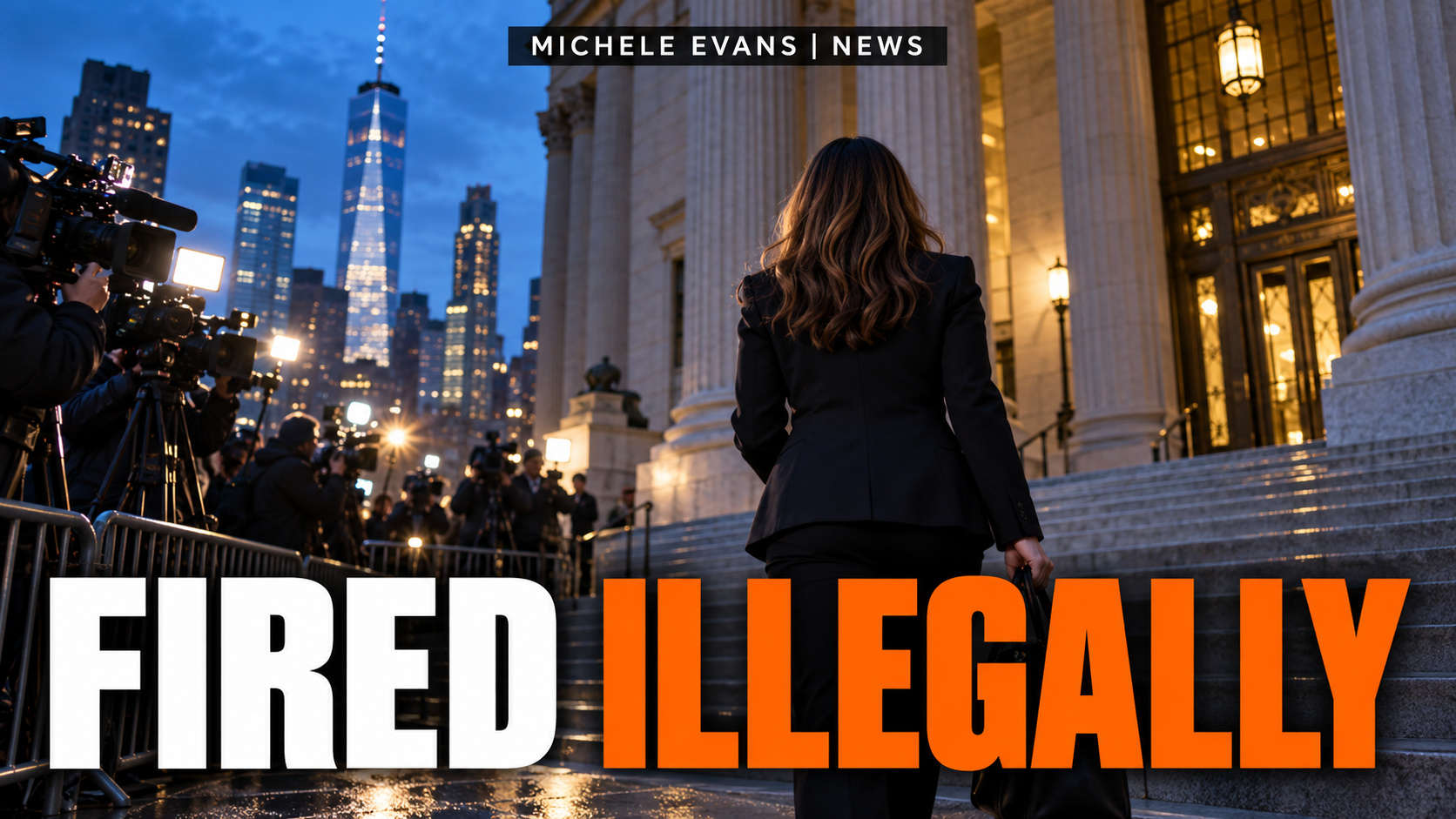 Federal courthouse and legal document with headline Fired Illegally