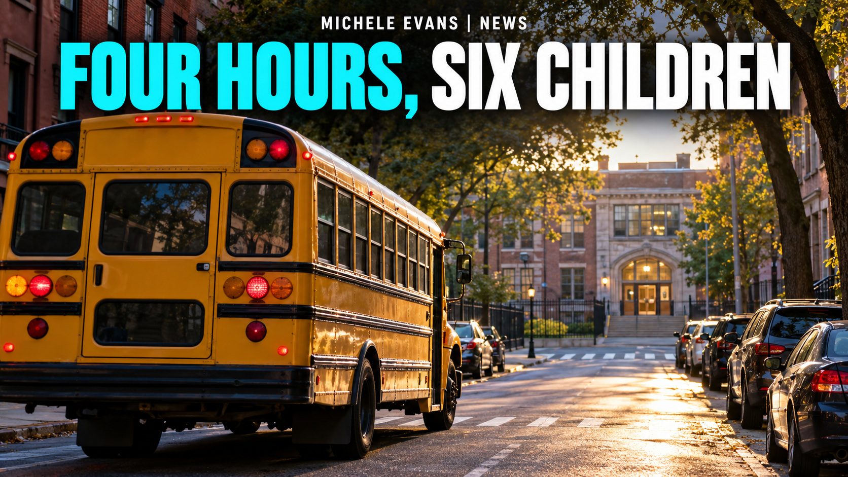 New York City school bus with headline Four Hours, Six Children