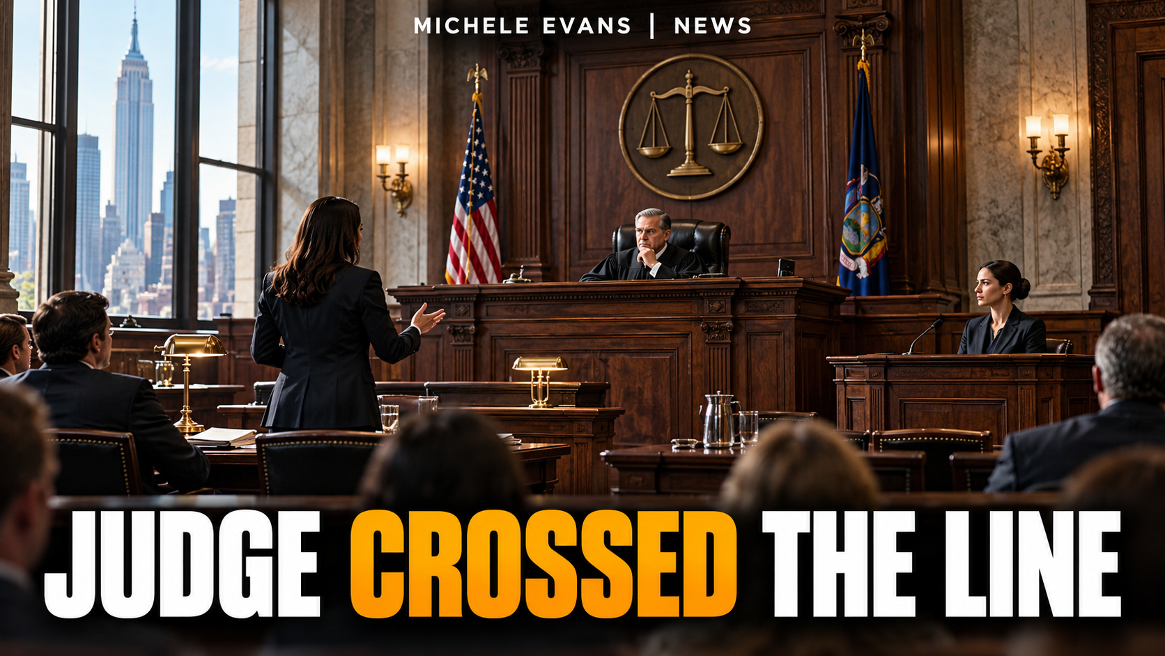 Queens courtroom with headline Judge Crossed the Line