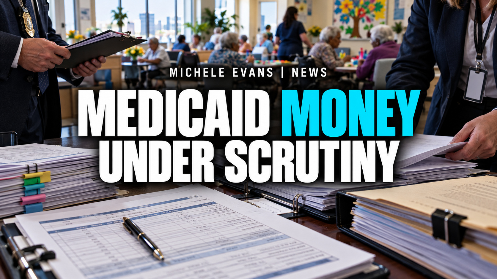 Adult day-care inspection scene with billing records and the headline Medicaid Money Under Scrutiny