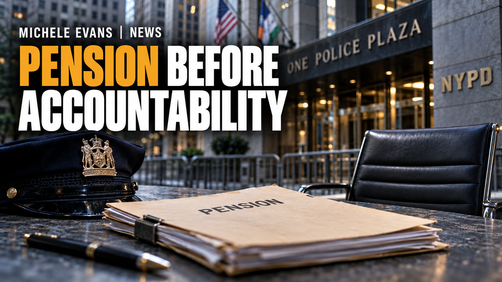 Michele Evans News headline graphic reading Pension Before Accountability