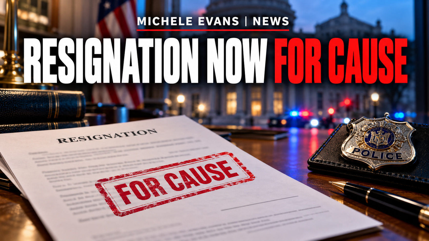 Police resignation form stamped for cause beside a badge