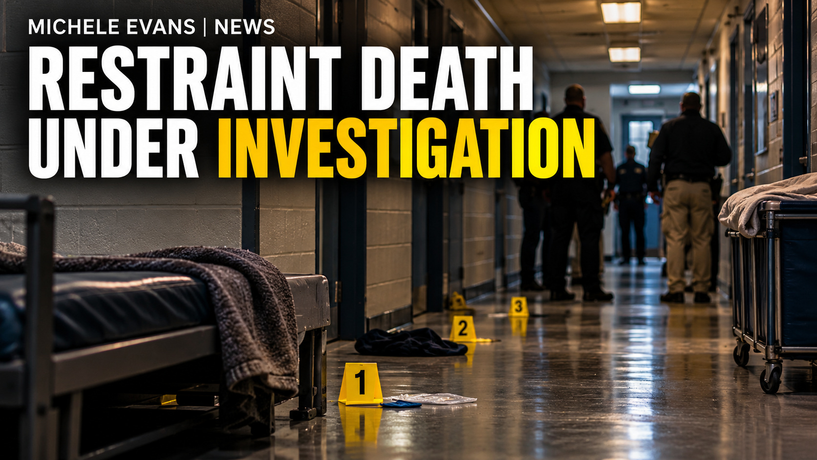 Brooklyn shelter corridor with headline Restraint Death Under Investigation