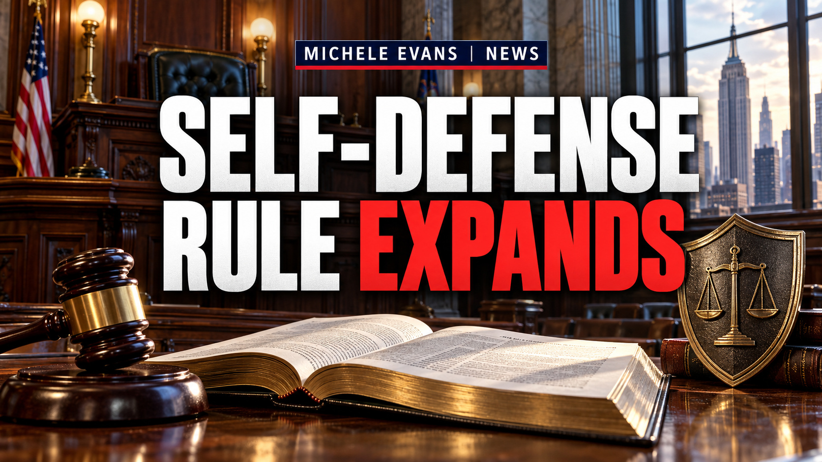 New York courtroom with headline Self-Defense Rule Expands