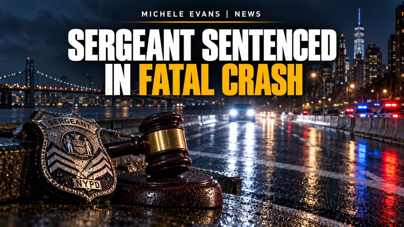 Nighttime New York highway and gavel with headline Sergeant Sentenced in Fatal Crash