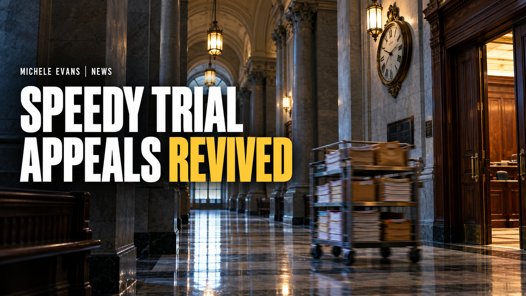 New York courthouse corridor with headline Speedy Trial Appeals Revived