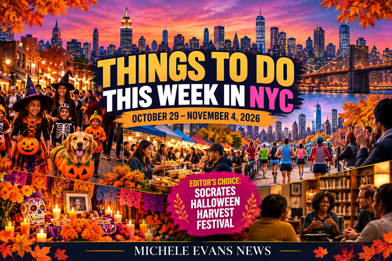 Michele Evans News headline collage: NYC Halloween, Queens Harvest Festival, marathon and Día de Muertos, October 29 to November 4, 2026